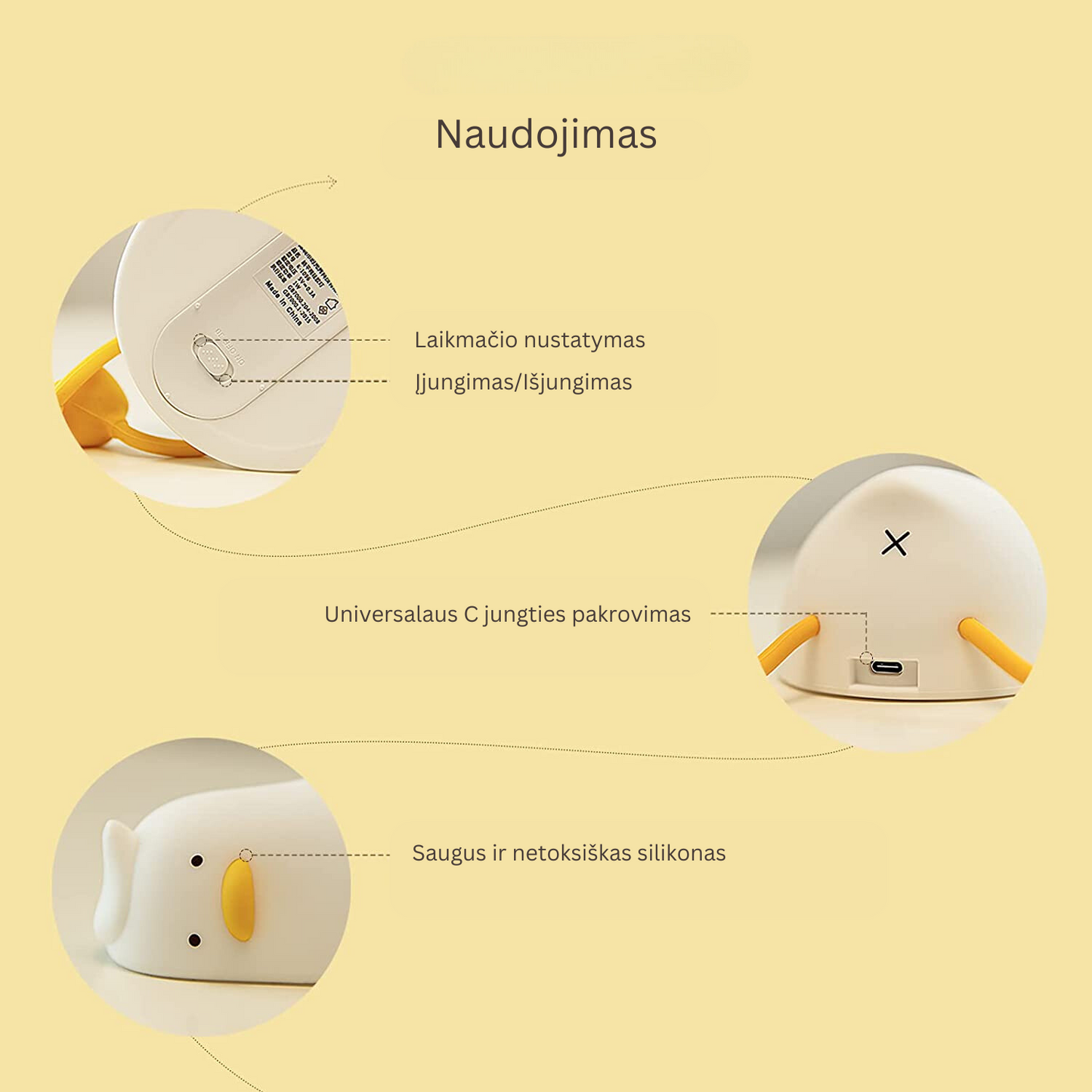 Naktinė vaikiška lempa - silikoninė gulinti antis