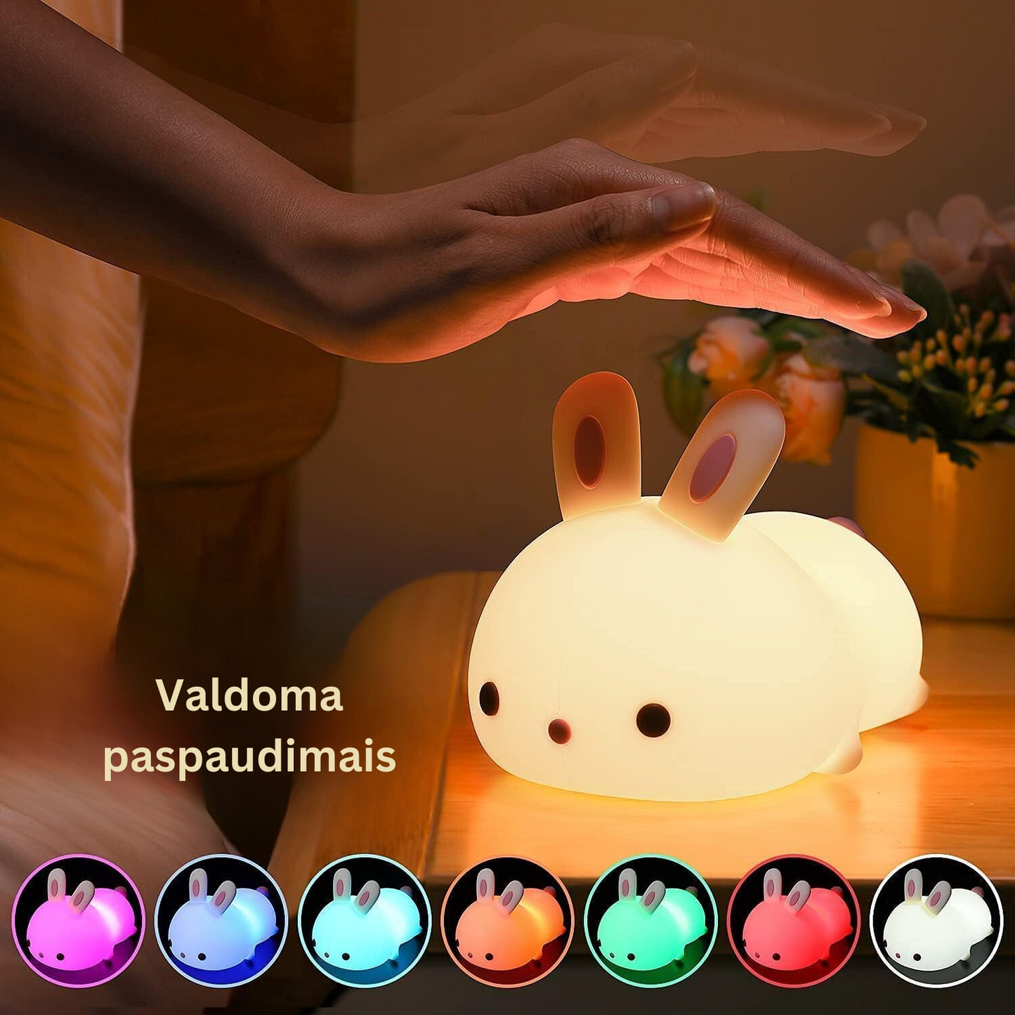 Naktinė vaikiška lempa su pulteliu - silikonis zuikis