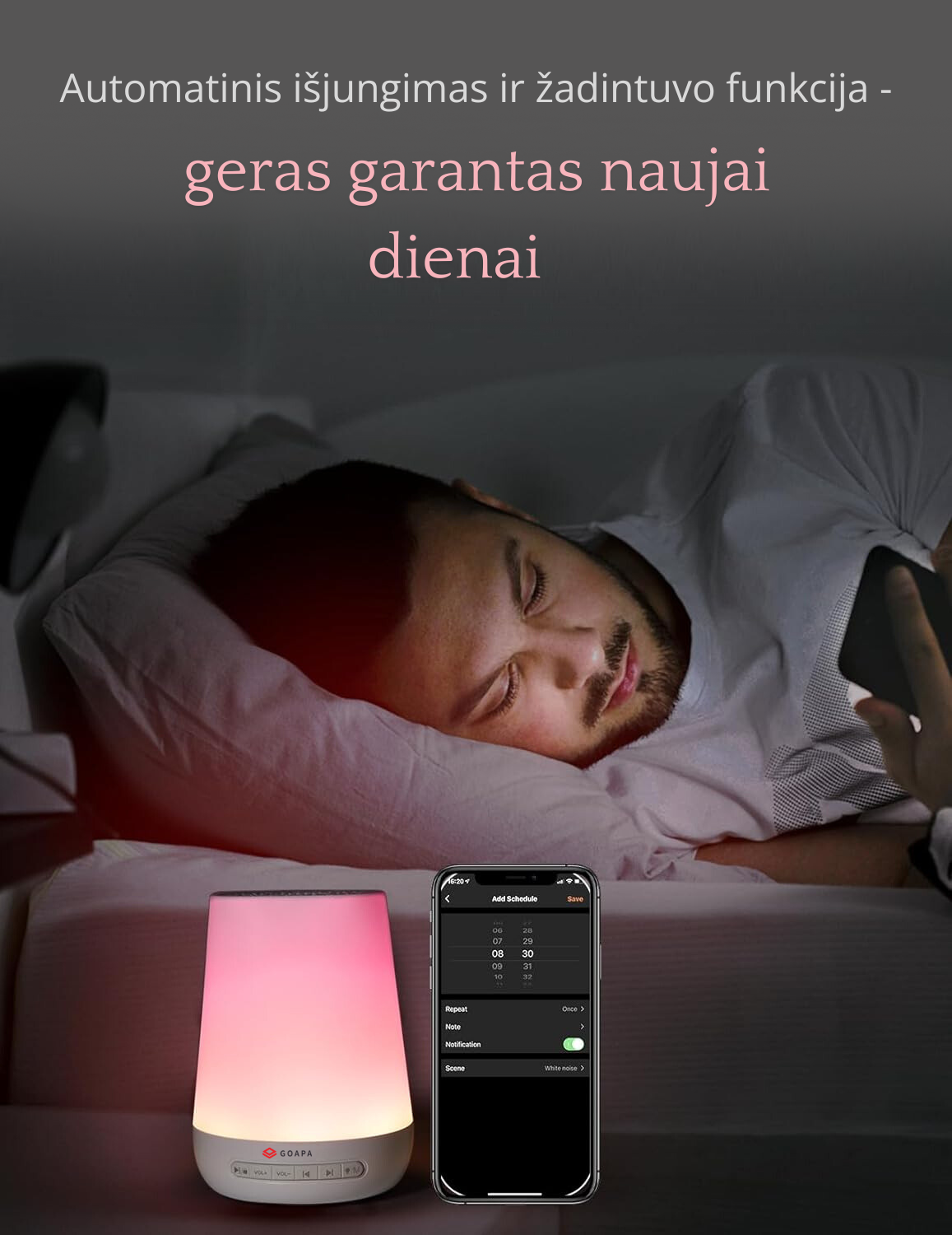 Baltojo triukšmo aparatas, šviestuvas skirtas kūdikiams, vaikams ir suaugusiems