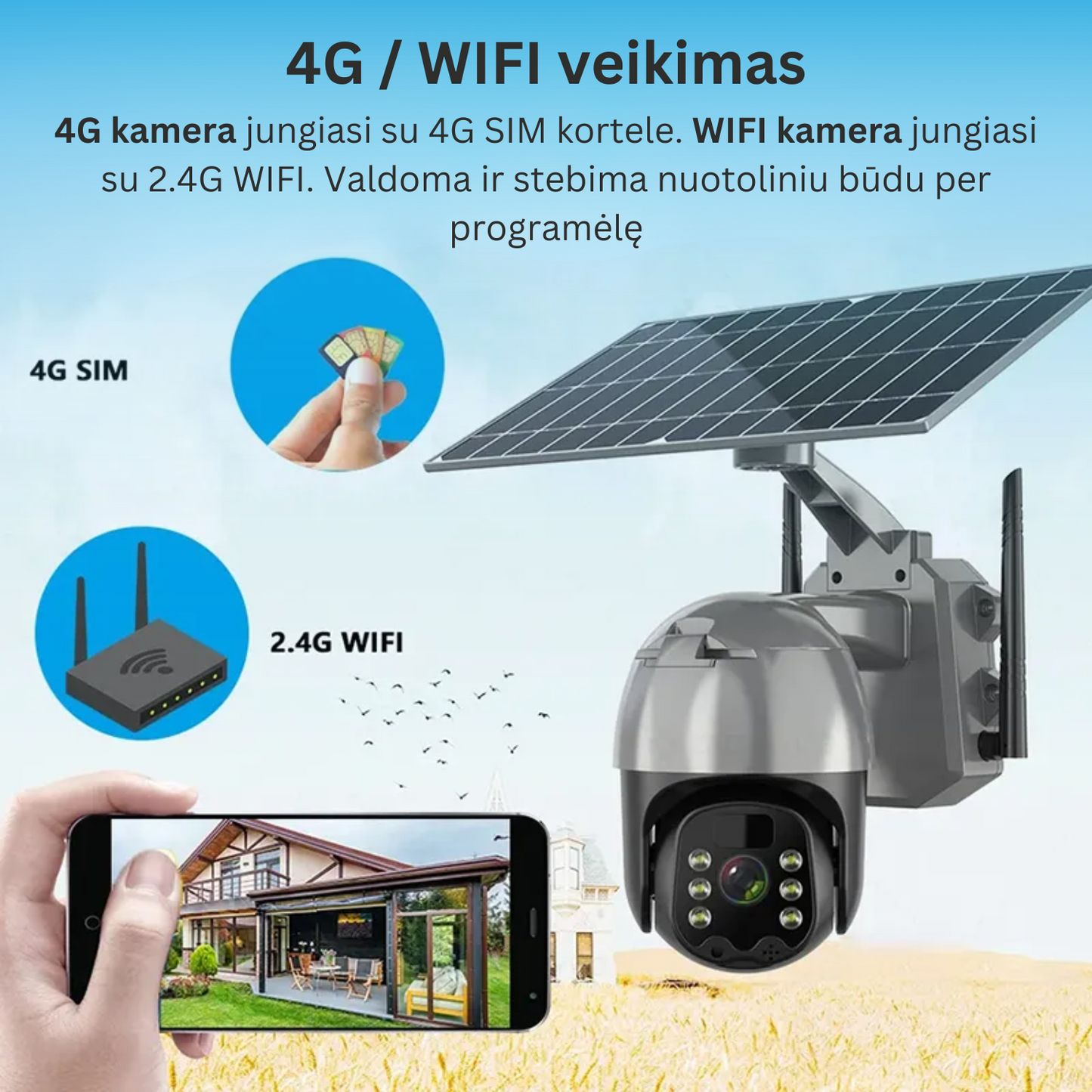 Wifi vaizdo stebėjimo kamera su saulės baterija