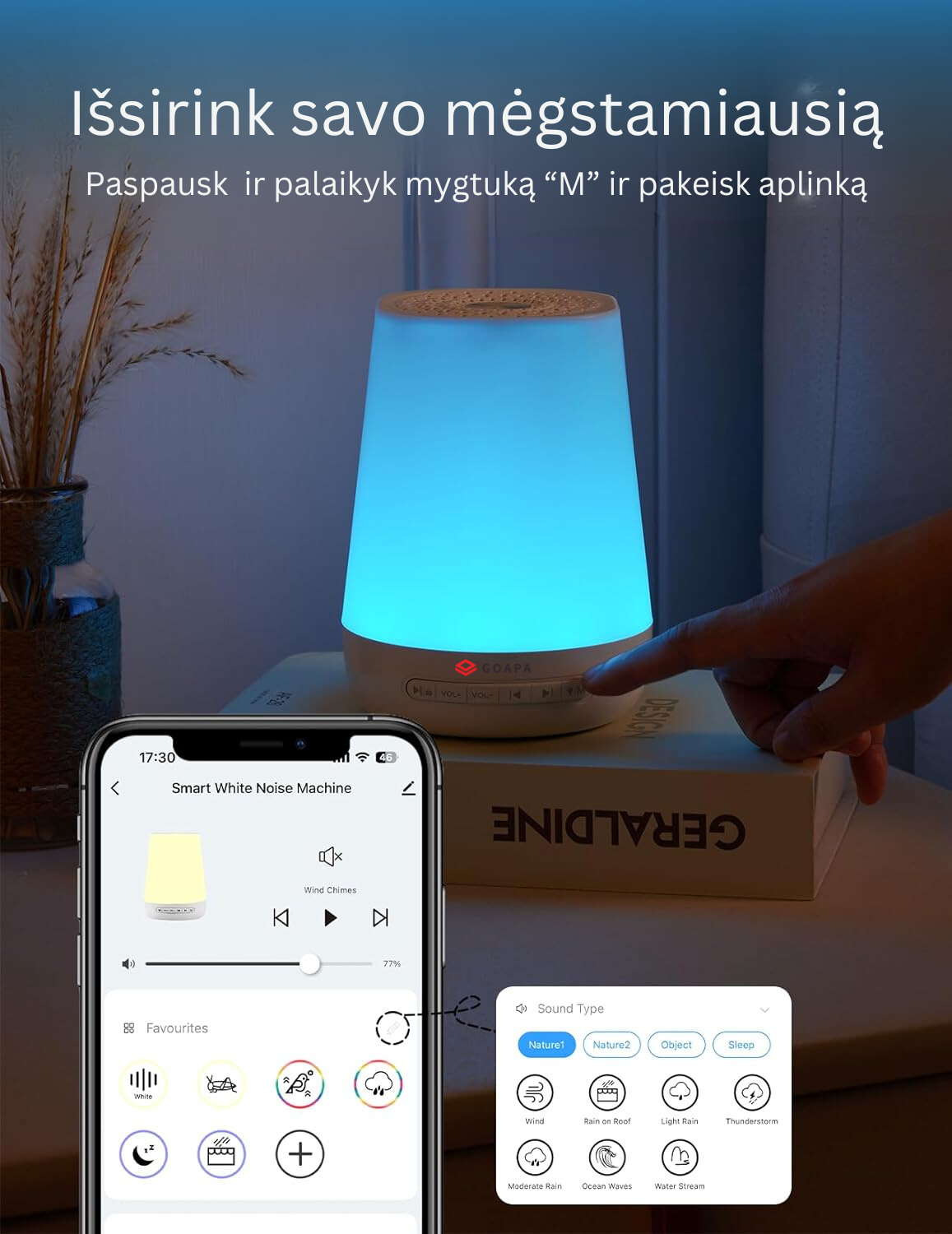 Baltojo triukšmo aparatas, šviestuvas skirtas kūdikiams, vaikams ir suaugusiems