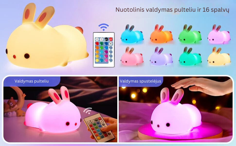 Naktinė vaikiška lempa su pulteliu - silikonis zuikis