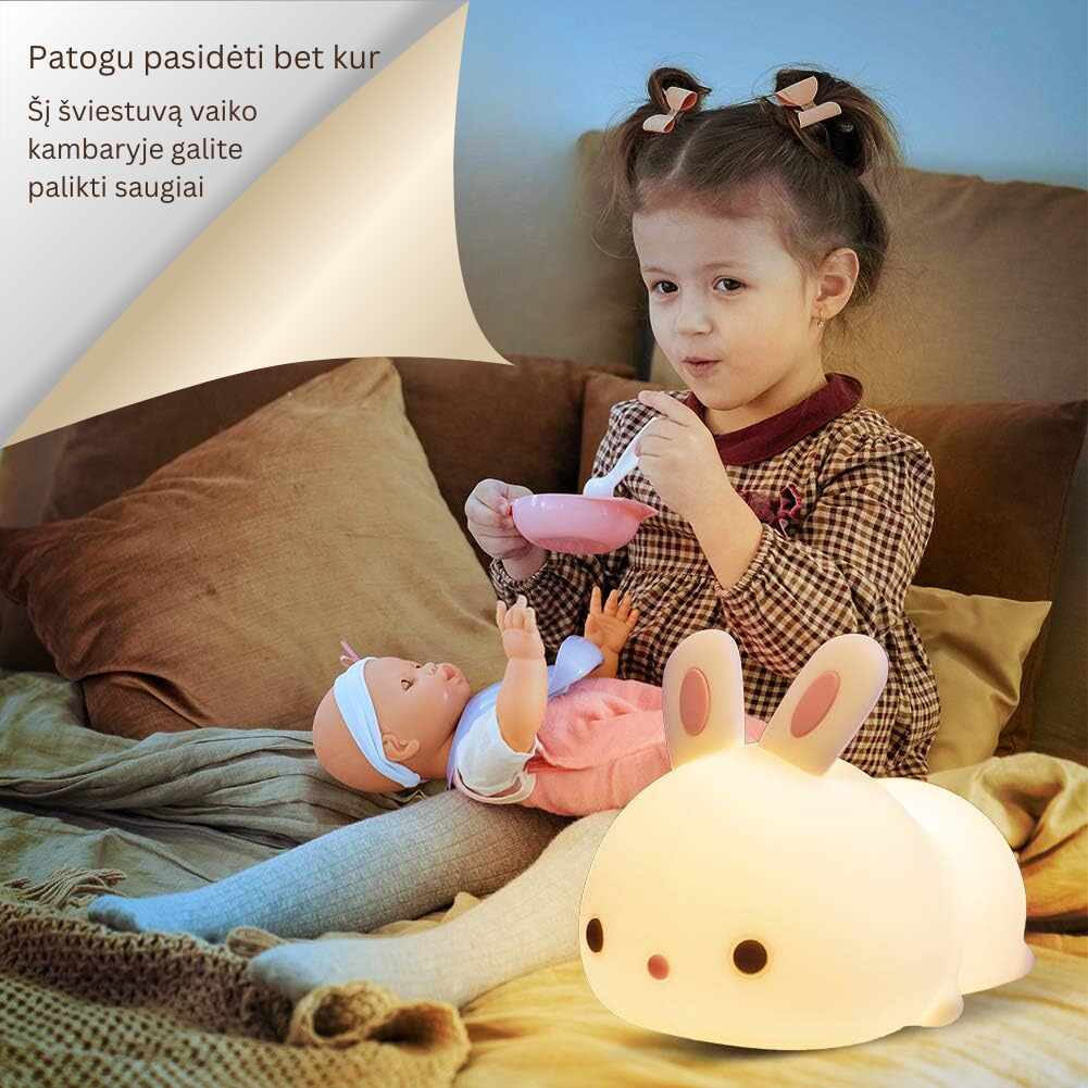 Naktinė vaikiška lempa su pulteliu - silikonis zuikis