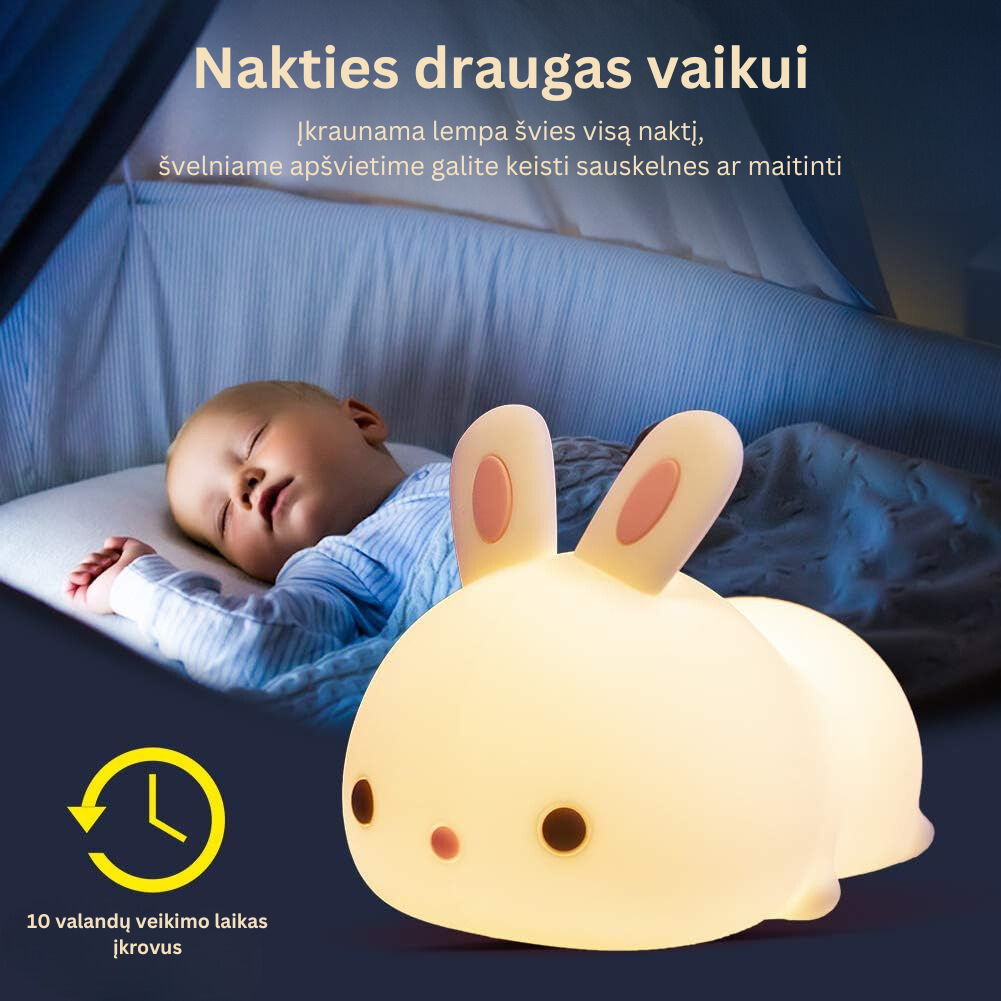 Naktinė vaikiška lempa su pulteliu - silikonis zuikis